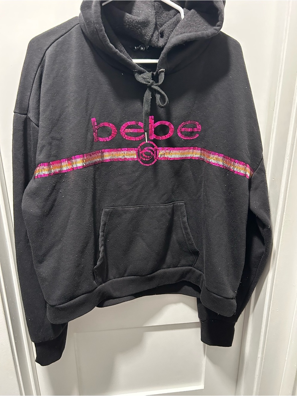 bebe Black Hoodie with Pink Logo and Multicolor Stripe